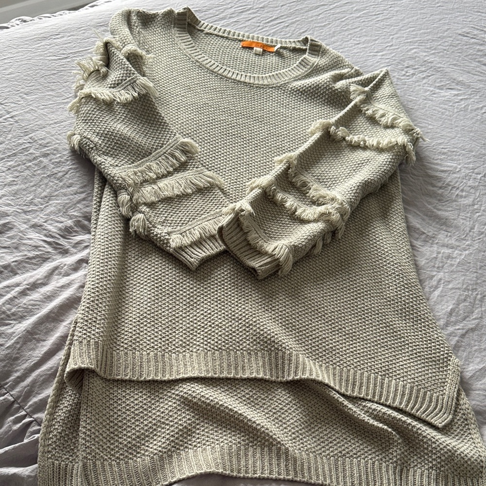 Fringed Knit Crewneck Sweater - Creamy Sage
